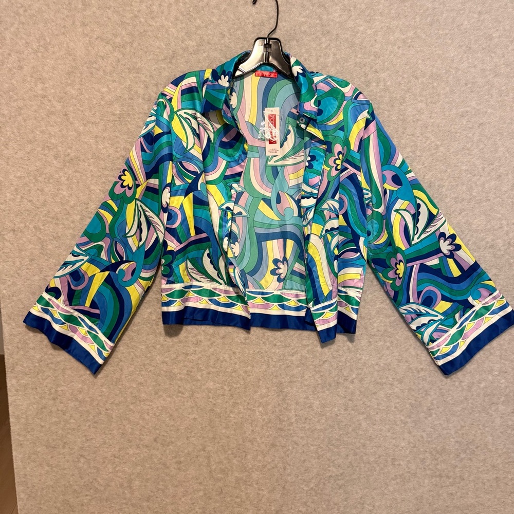 Bell Sleeve Abstract Print Button up Too in Blue & Green